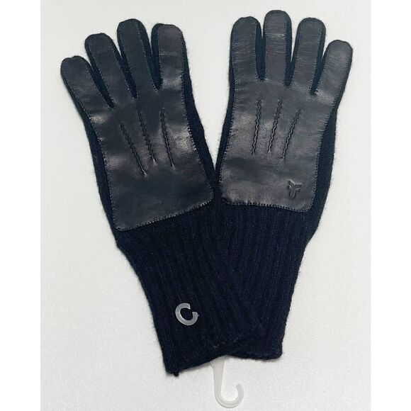 Frye Leather Patch Long Knit Wool Gloves Frye Stamped Black Large / Extra Large - Picture 2 of 6